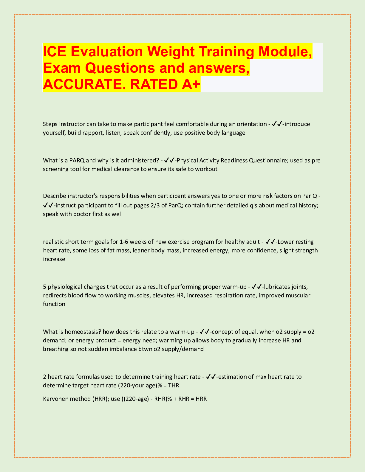 Preview image of ICE Evaluation Weight Training Module,  Exam Questions and answers,  ACCURATE. RATED A+ document